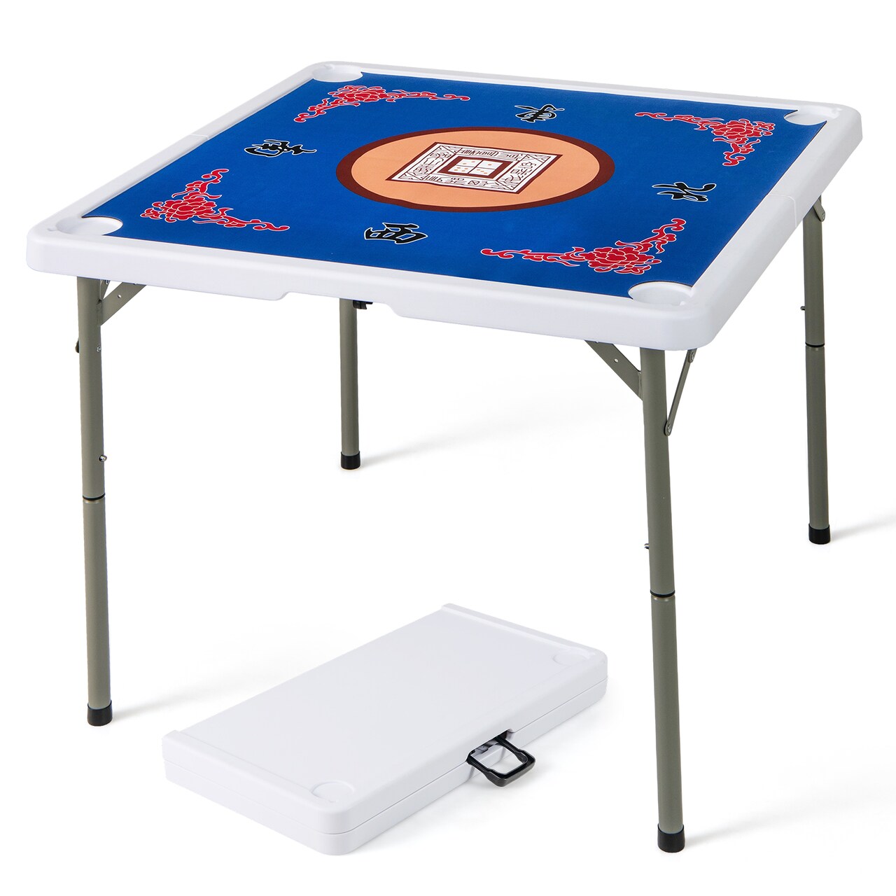 Portable Mahjong Table Foldable Game Table with Mat Cup Holders and Handle
